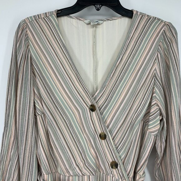 American Eagle Dress Stripe V Neck Wrap Button Down Tie Waist - Picture 3 of 11